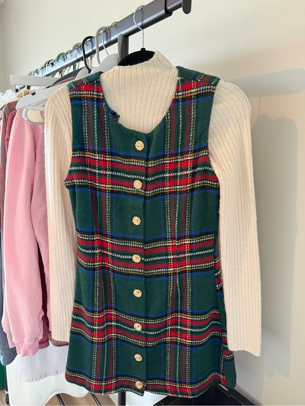 Green Plaid Button-Up Longline Sleeveless Dress